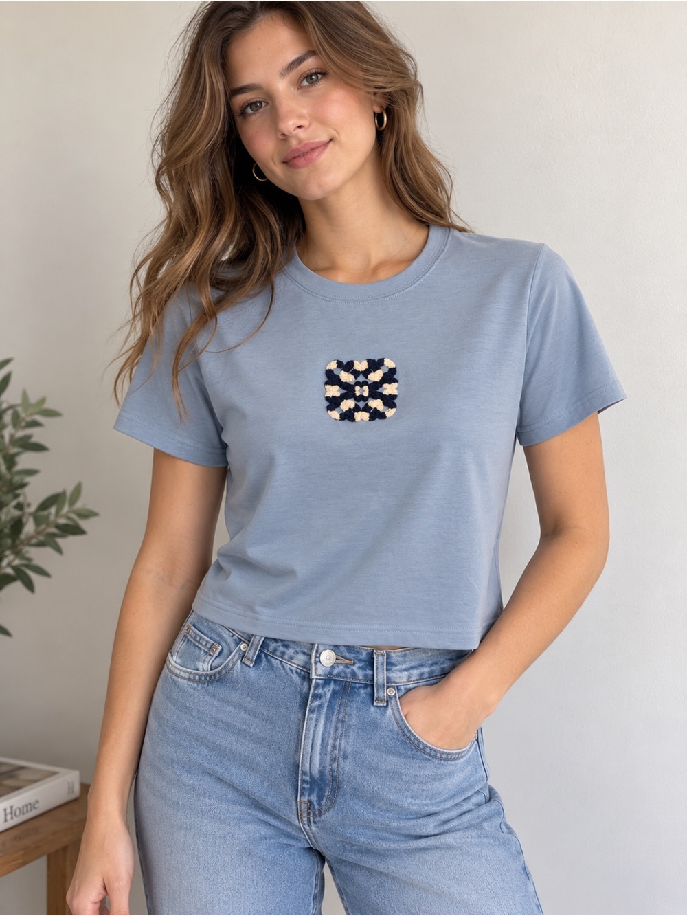 Light Blue Short Sleeve Tee with Braided Chest Detail